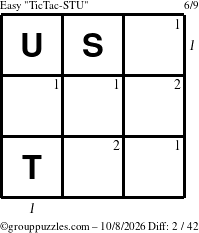 The grouppuzzles.com Easy TicTac-STU puzzle for Thursday October 8, 2026 with all 2 steps marked