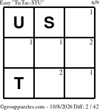 The grouppuzzles.com Easy TicTac-STU puzzle for Thursday October 8, 2026 with the first 2 steps marked