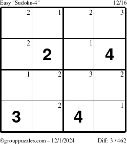 The grouppuzzles.com Easy Sudoku-4 puzzle for Sunday December 1, 2024 with the first 3 steps marked