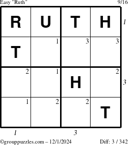 The grouppuzzles.com Easy Ruth puzzle for Sunday December 1, 2024 with all 3 steps marked