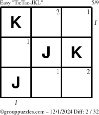 The grouppuzzles.com Easy TicTac-JKL puzzle for Sunday December 1, 2024 with all 2 steps marked