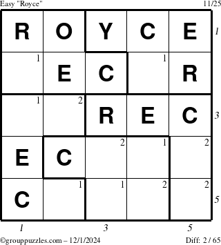 The grouppuzzles.com Easy Royce puzzle for Sunday December 1, 2024 with all 2 steps marked