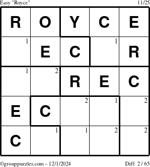 The grouppuzzles.com Easy Royce puzzle for Sunday December 1, 2024 with the first 2 steps marked