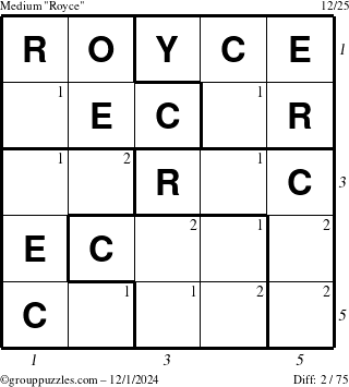 The grouppuzzles.com Medium Royce puzzle for Sunday December 1, 2024 with all 2 steps marked