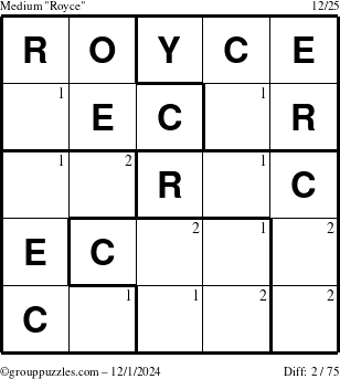 The grouppuzzles.com Medium Royce puzzle for Sunday December 1, 2024 with the first 2 steps marked