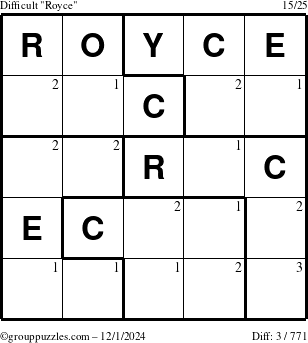 The grouppuzzles.com Difficult Royce puzzle for Sunday December 1, 2024 with the first 3 steps marked