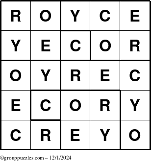 The grouppuzzles.com Answer grid for the Royce puzzle for Sunday December 1, 2024