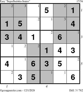 The grouppuzzles.com Easy SuperSudoku-Junior puzzle for Sunday December 1, 2024 with all 3 steps marked