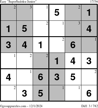 The grouppuzzles.com Easy SuperSudoku-Junior puzzle for Sunday December 1, 2024 with the first 3 steps marked