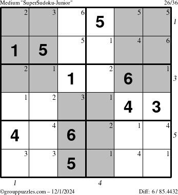 The grouppuzzles.com Medium SuperSudoku-Junior puzzle for Sunday December 1, 2024 with all 6 steps marked