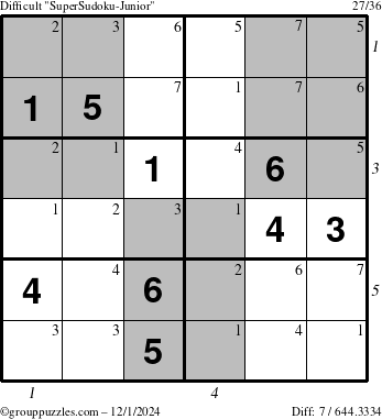 The grouppuzzles.com Difficult SuperSudoku-Junior puzzle for Sunday December 1, 2024 with all 7 steps marked