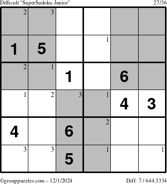 The grouppuzzles.com Difficult SuperSudoku-Junior puzzle for Sunday December 1, 2024 with the first 3 steps marked