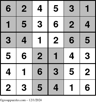 The grouppuzzles.com Answer grid for the SuperSudoku-Junior puzzle for Sunday December 1, 2024