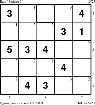 The grouppuzzles.com Easy Sudoku-5 puzzle for Sunday December 1, 2024 with all 4 steps marked