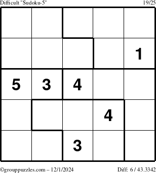 The grouppuzzles.com Difficult Sudoku-5 puzzle for Sunday December 1, 2024