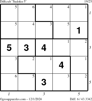 The grouppuzzles.com Difficult Sudoku-5 puzzle for Sunday December 1, 2024 with all 6 steps marked