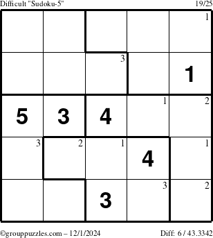 The grouppuzzles.com Difficult Sudoku-5 puzzle for Sunday December 1, 2024 with the first 3 steps marked