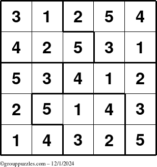 The grouppuzzles.com Answer grid for the Sudoku-5 puzzle for Sunday December 1, 2024