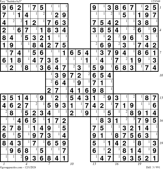 The grouppuzzles.com Easy Sudoku-by5 puzzle for Sunday December 1, 2024 with all 3 steps marked