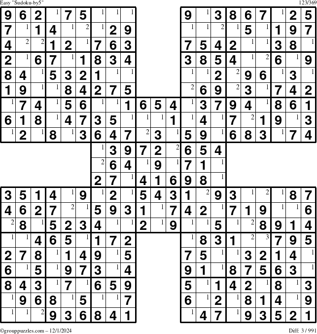 The grouppuzzles.com Easy Sudoku-by5 puzzle for Sunday December 1, 2024 with the first 3 steps marked