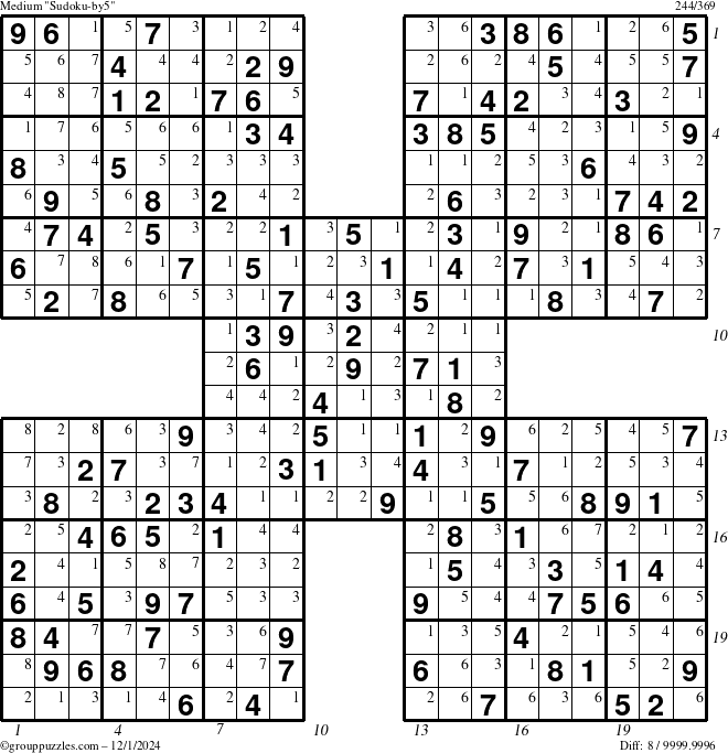 The grouppuzzles.com Medium Sudoku-by5 puzzle for Sunday December 1, 2024 with all 8 steps marked