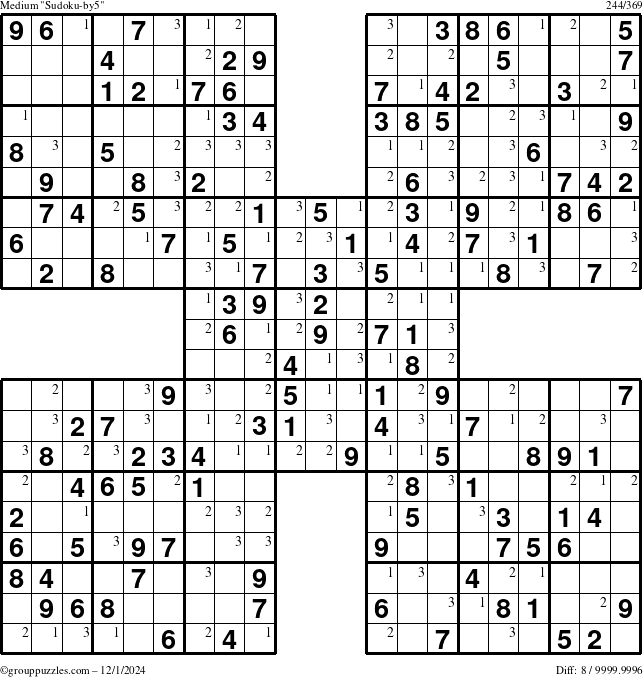 The grouppuzzles.com Medium Sudoku-by5 puzzle for Sunday December 1, 2024 with the first 3 steps marked