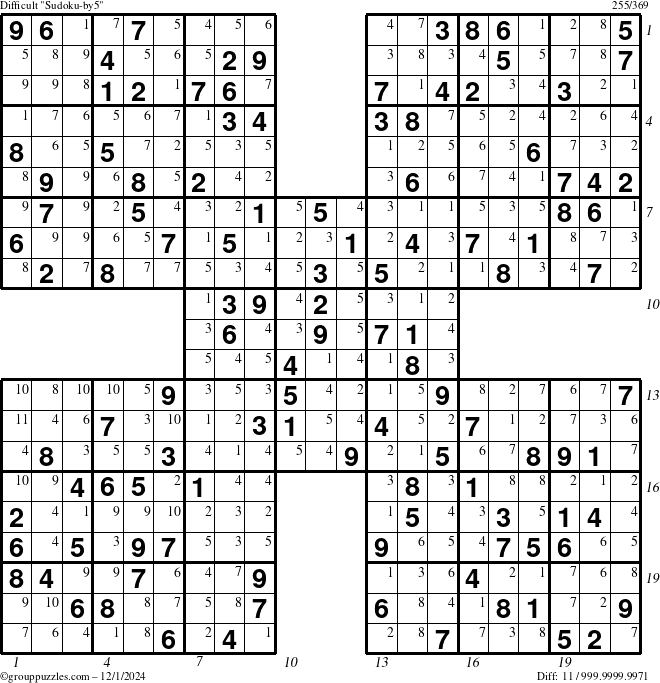 The grouppuzzles.com Difficult Sudoku-by5 puzzle for Sunday December 1, 2024 with all 11 steps marked