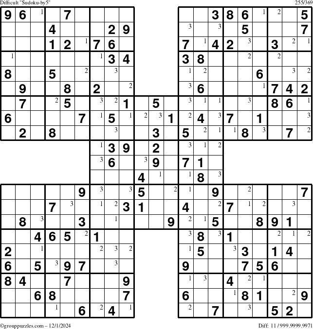 The grouppuzzles.com Difficult Sudoku-by5 puzzle for Sunday December 1, 2024 with the first 3 steps marked