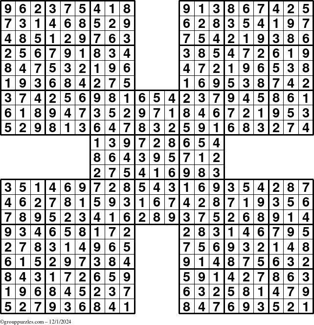 The grouppuzzles.com Answer grid for the Sudoku-by5 puzzle for Sunday December 1, 2024