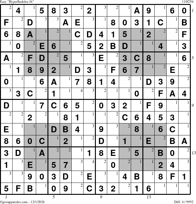 The grouppuzzles.com Easy HyperSudoku-16 puzzle for Sunday December 1, 2024 with all 4 steps marked