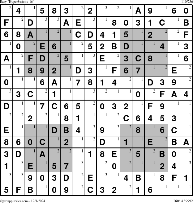 The grouppuzzles.com Easy HyperSudoku-16 puzzle for Sunday December 1, 2024 with the first 3 steps marked