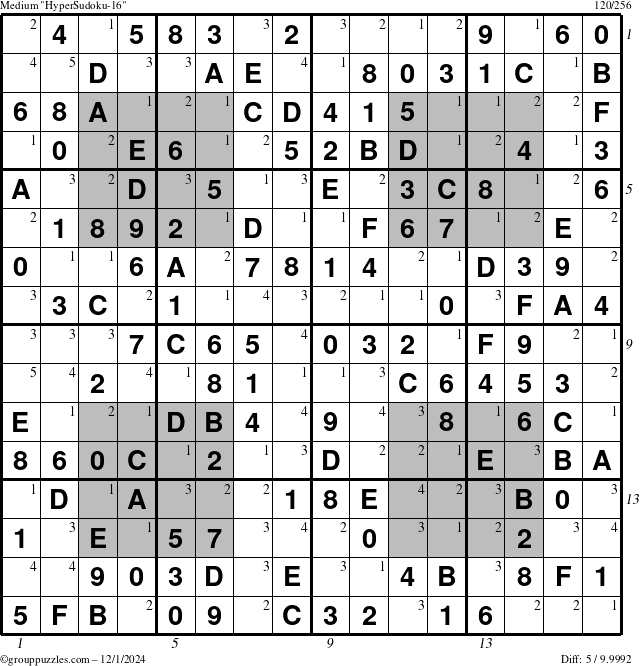 The grouppuzzles.com Medium HyperSudoku-16 puzzle for Sunday December 1, 2024, suitable for printing, with all 5 steps marked