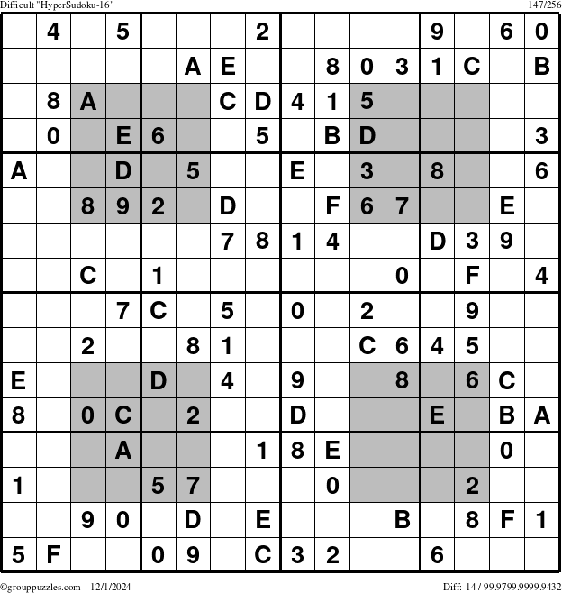 The grouppuzzles.com Difficult HyperSudoku-16 puzzle for Sunday December 1, 2024