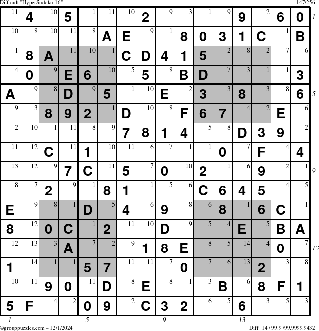 The grouppuzzles.com Difficult HyperSudoku-16 puzzle for Sunday December 1, 2024 with all 14 steps marked