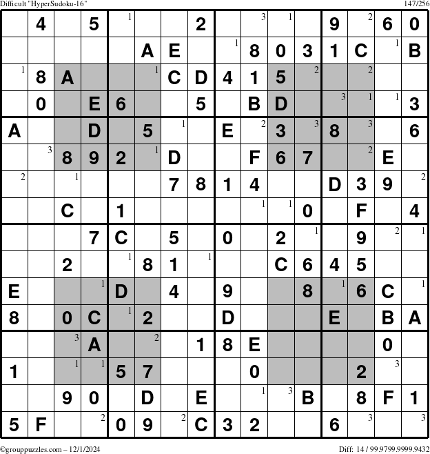 The grouppuzzles.com Difficult HyperSudoku-16 puzzle for Sunday December 1, 2024 with the first 3 steps marked