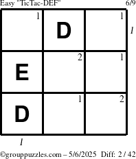 The grouppuzzles.com Easy TicTac-DEF puzzle for Tuesday May 6, 2025 with all 2 steps marked