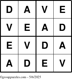 The grouppuzzles.com Answer grid for the Dave puzzle for Tuesday May 6, 2025