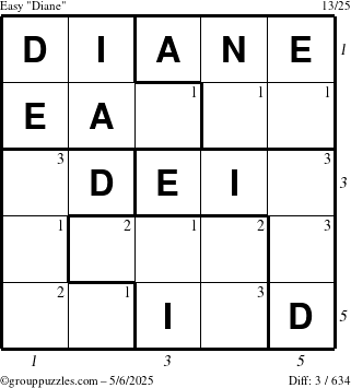 The grouppuzzles.com Easy Diane puzzle for Tuesday May 6, 2025 with all 3 steps marked