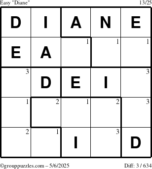 The grouppuzzles.com Easy Diane puzzle for Tuesday May 6, 2025 with the first 3 steps marked
