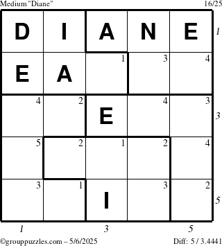 The grouppuzzles.com Medium Diane puzzle for Tuesday May 6, 2025 with all 5 steps marked