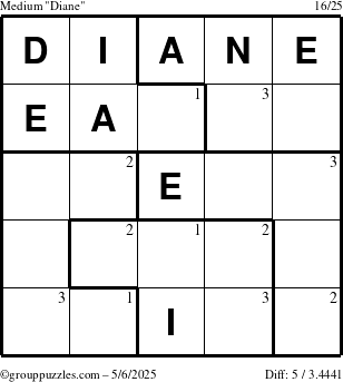 The grouppuzzles.com Medium Diane puzzle for Tuesday May 6, 2025 with the first 3 steps marked