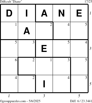 The grouppuzzles.com Difficult Diane puzzle for Tuesday May 6, 2025 with all 6 steps marked