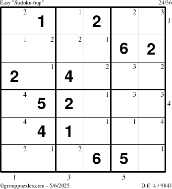 The grouppuzzles.com Easy Sudoku-6up puzzle for Tuesday May 6, 2025 with all 4 steps marked