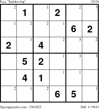 The grouppuzzles.com Easy Sudoku-6up puzzle for Tuesday May 6, 2025 with the first 3 steps marked