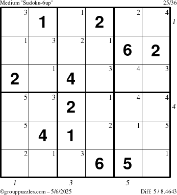 The grouppuzzles.com Medium Sudoku-6up puzzle for Tuesday May 6, 2025 with all 5 steps marked