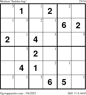 The grouppuzzles.com Medium Sudoku-6up puzzle for Tuesday May 6, 2025 with the first 3 steps marked
