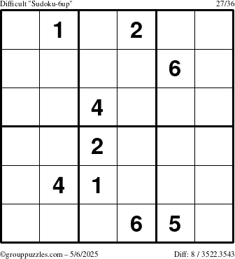 The grouppuzzles.com Difficult Sudoku-6up puzzle for Tuesday May 6, 2025
