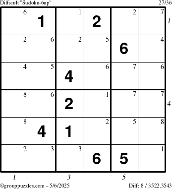 The grouppuzzles.com Difficult Sudoku-6up puzzle for Tuesday May 6, 2025 with all 8 steps marked