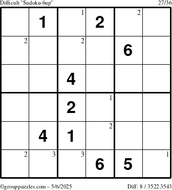 The grouppuzzles.com Difficult Sudoku-6up puzzle for Tuesday May 6, 2025 with the first 3 steps marked