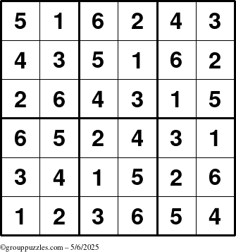 The grouppuzzles.com Answer grid for the Sudoku-6up puzzle for Tuesday May 6, 2025